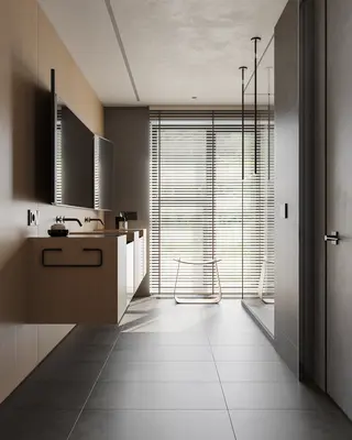 Minimalist Bathroom With Floating Vanity And Slatted Window 3d model