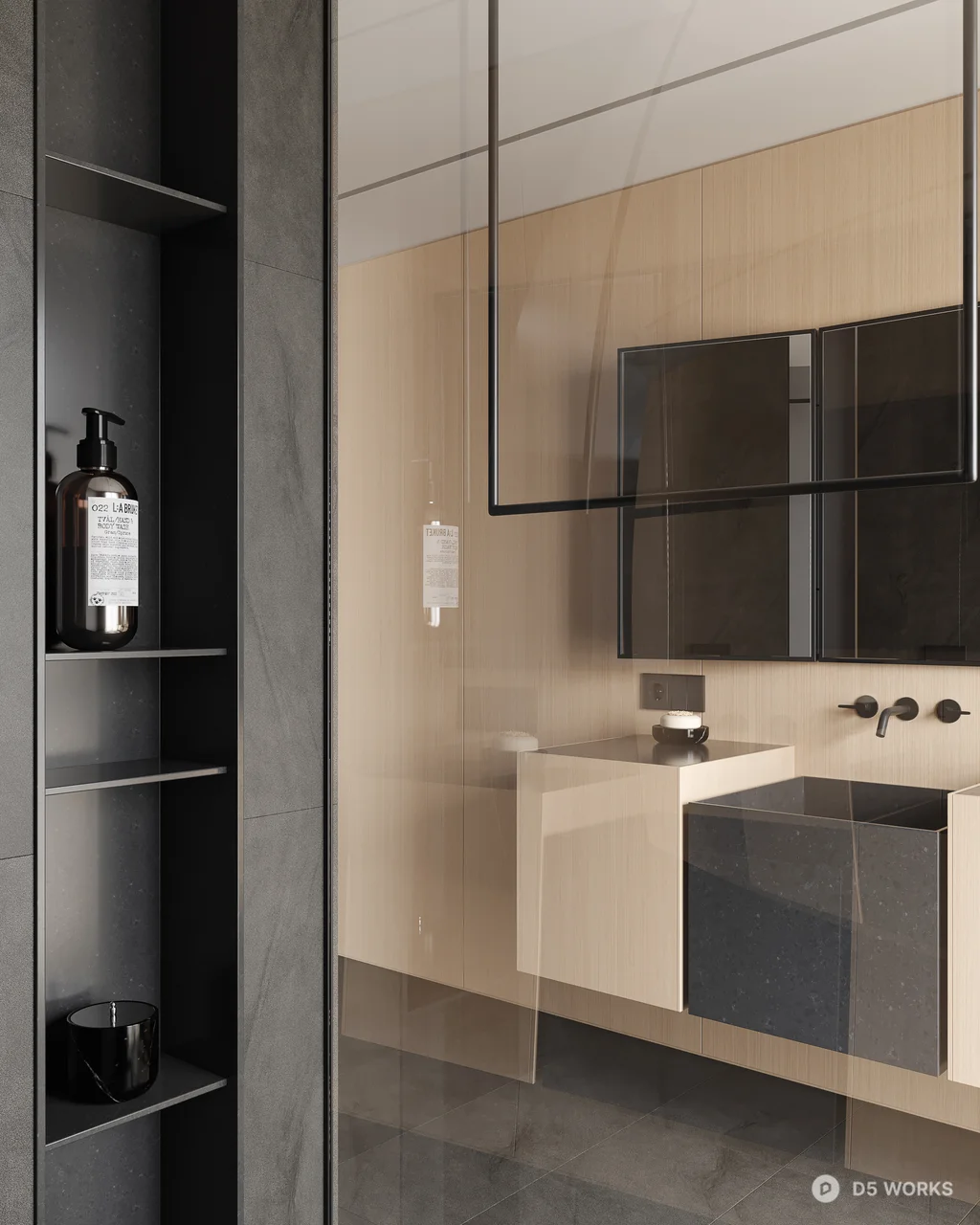 Minimalist Bathroom With Floating Vanity And Slatted Window 3d model thumbnail 3
