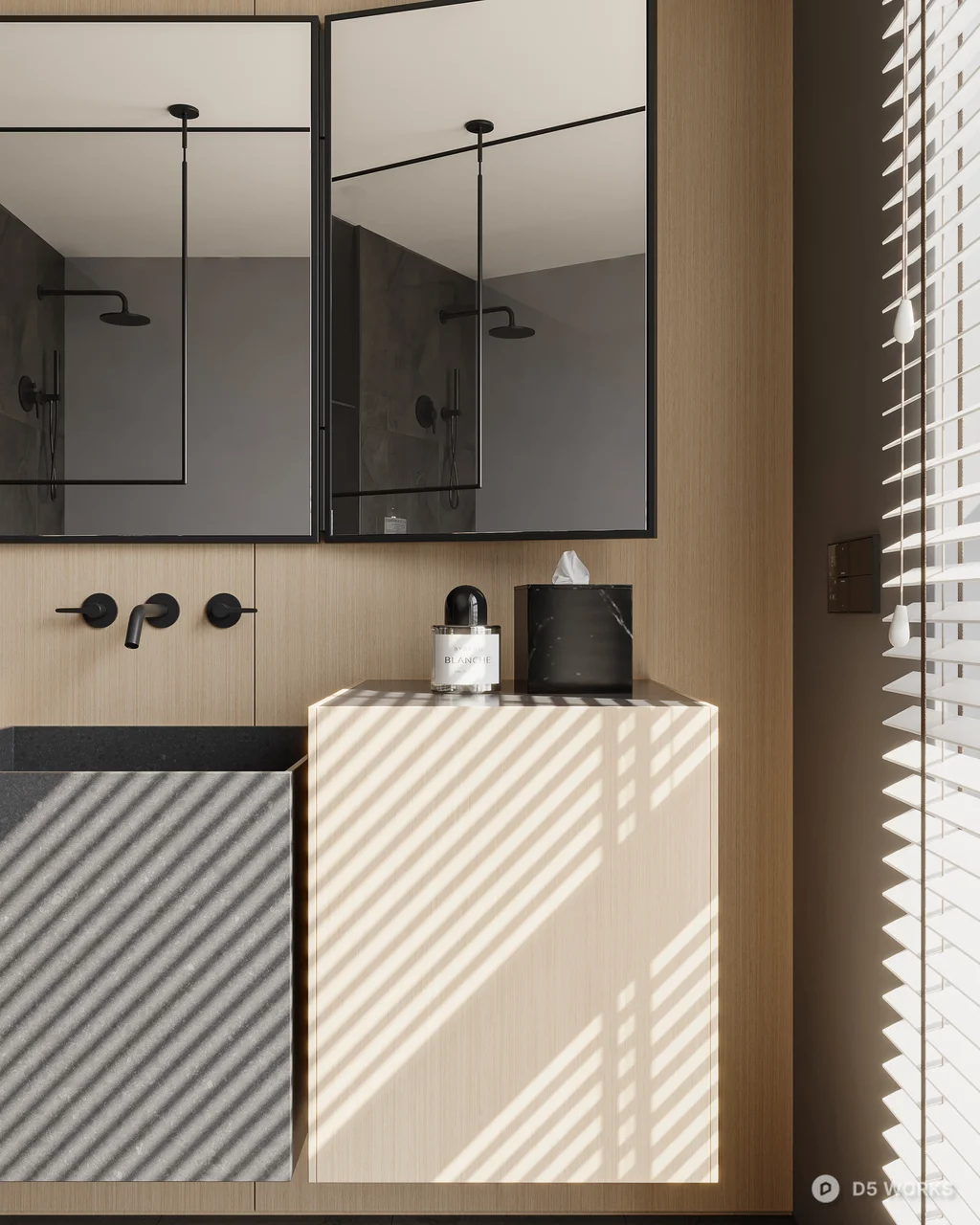 Minimalist Bathroom With Floating Vanity And Slatted Window 3d model thumbnail 2