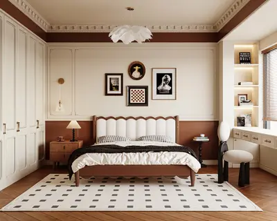 Mid Century Modern Bedroom with Patterned Rug 3d model