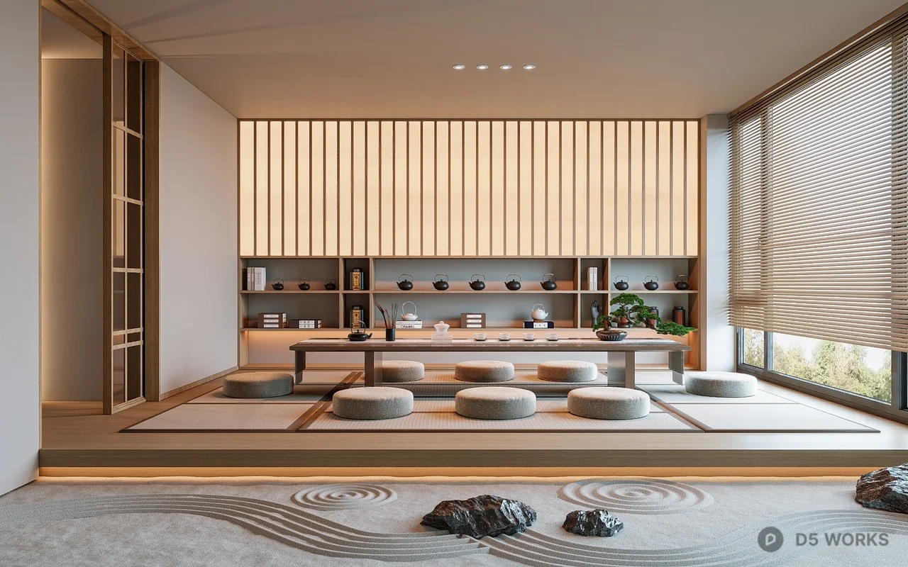 Minimalist Tea Room With Zen Sand Garden 3d model - Image 1