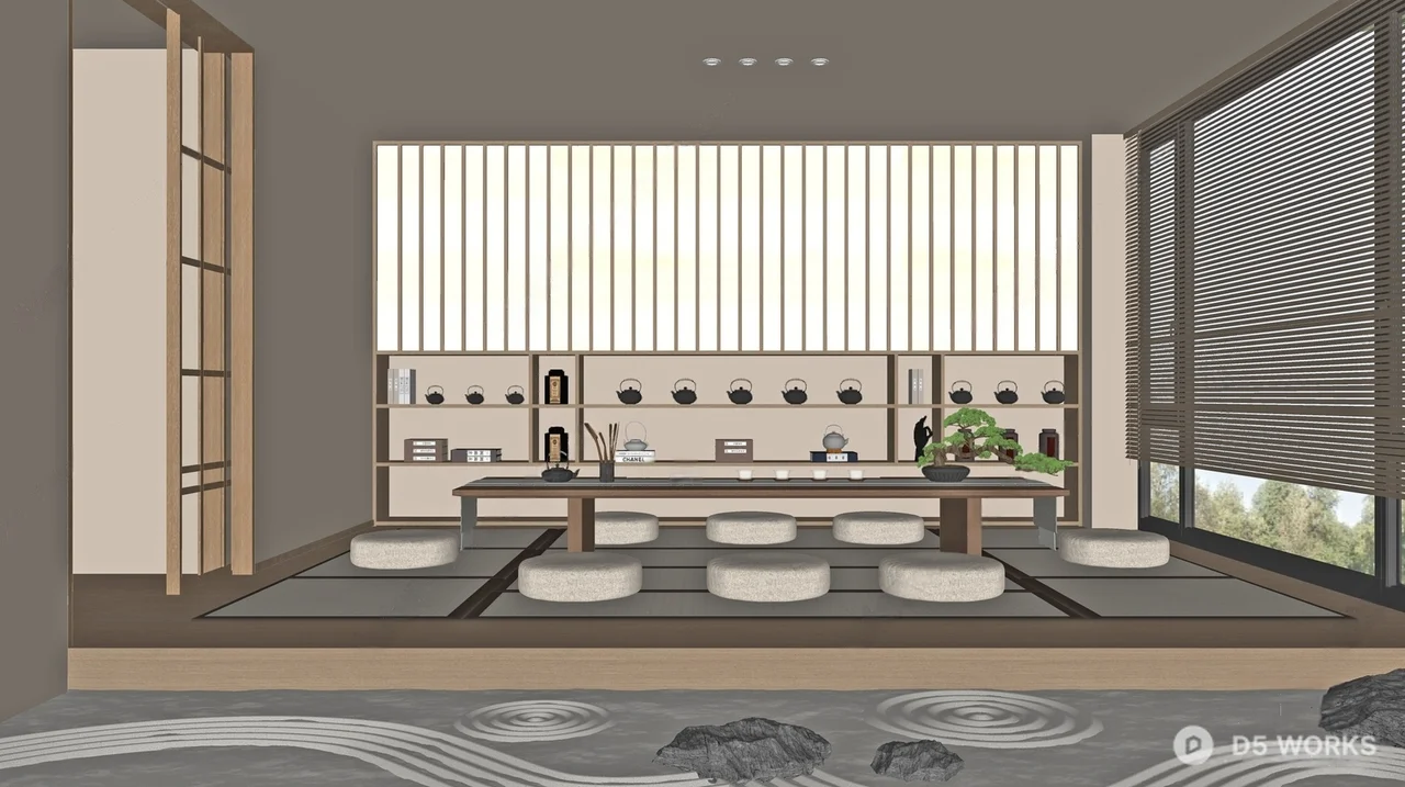 Minimalist Tea Room With Zen Sand Garden 3d model thumbnail 2