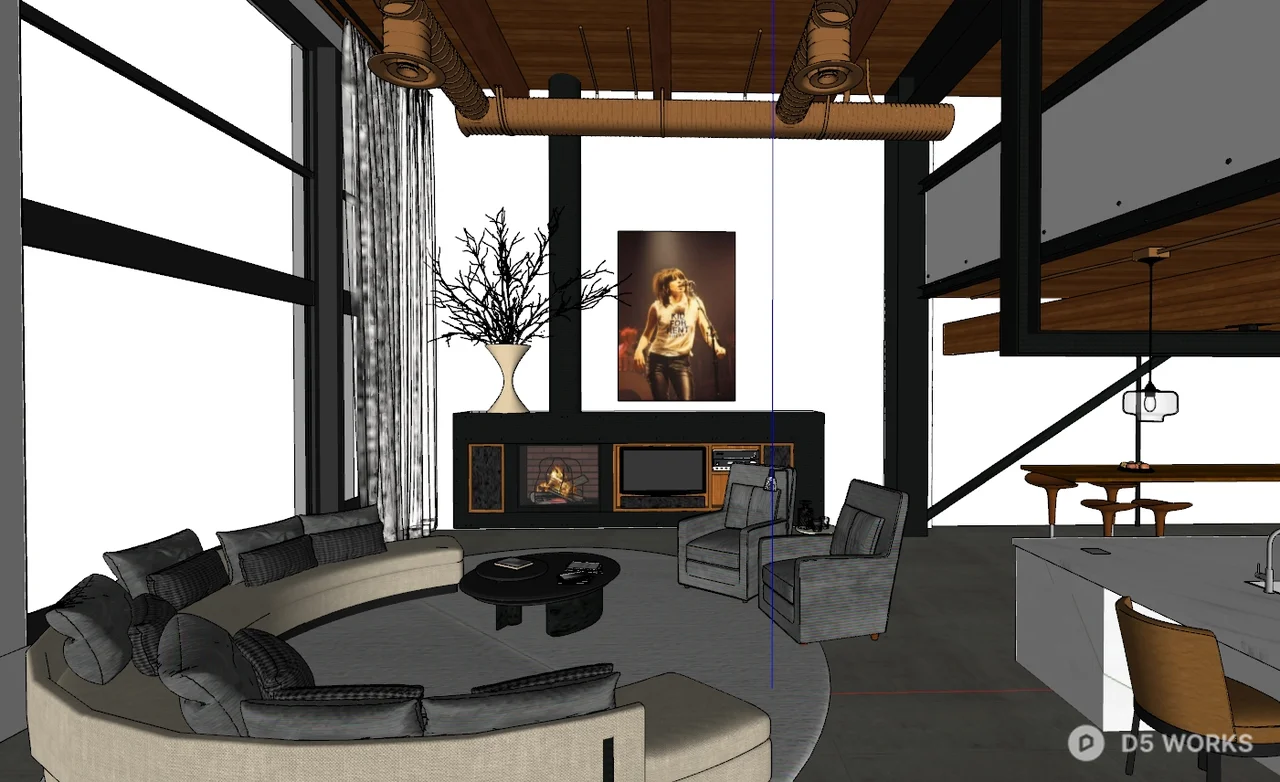 Industrial Loft Living Room With Fireplace 3d model thumbnail 2