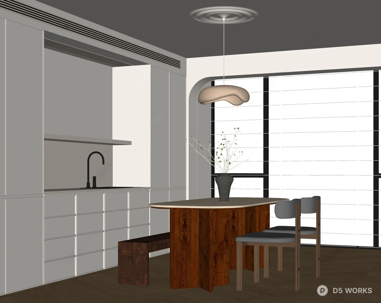 Minimalist Dining Space with Wooden Table and Pendant Light 3d model thumbnail 2