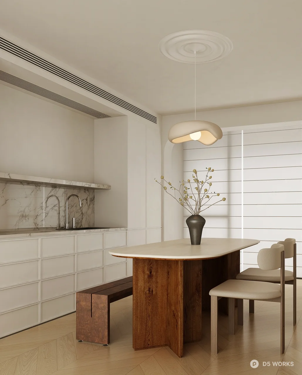 Minimalist Dining Space with Wooden Table and Pendant Light 3d model - Image 1