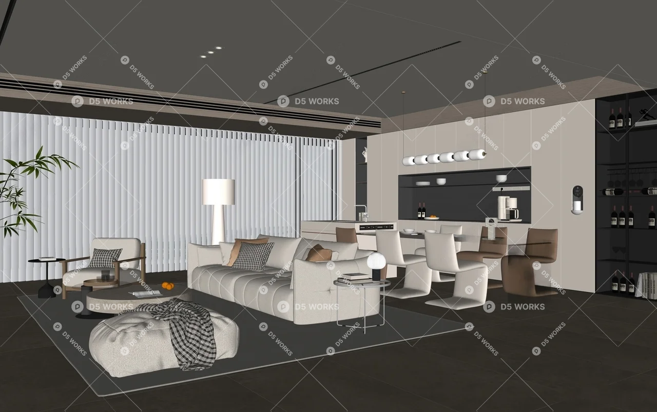 Modern Living & Dining Room 3d model thumbnail 2