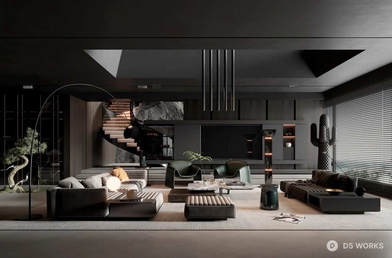Modern Minimalist Villa Living Room with Dark Tones 3d model - Image 1