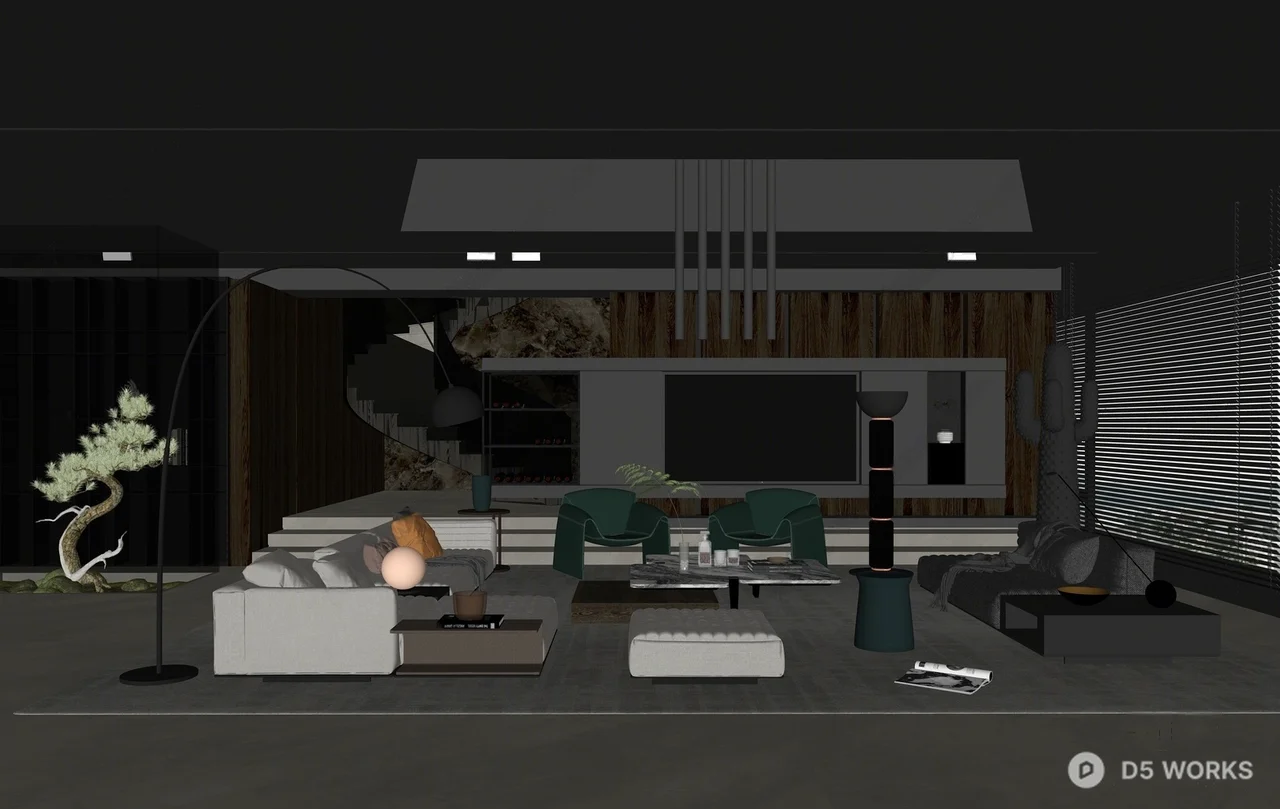 Modern Minimalist Villa Living Room with Dark Tones 3d model thumbnail 2