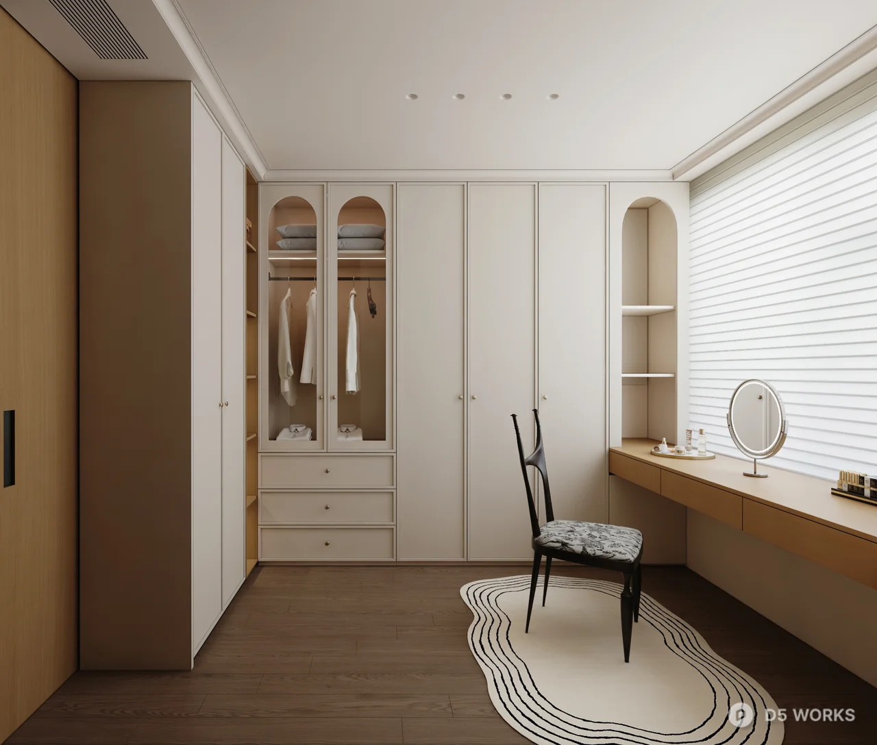 Minimalist Walk-In Closet With Dressing Table And Chair 3d model thumbnail 2