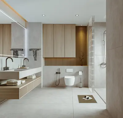 Minimalist Bathroom With Floating Vanity And Glass Partition 3d model