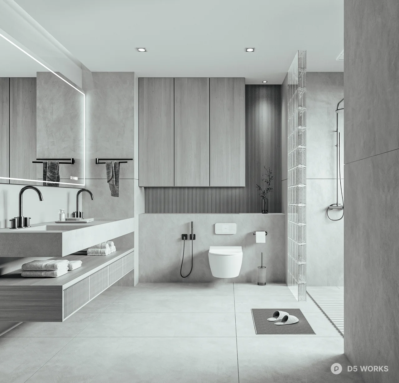 Minimalist Bathroom With Floating Vanity And Glass Partition 3d model thumbnail 2
