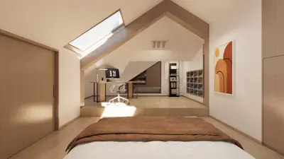 Minimalist Attic Bedroom With Study Nook 3d model