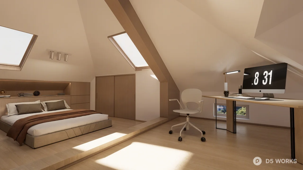 Minimalist Attic Bedroom With Study Nook 3d model thumbnail 3