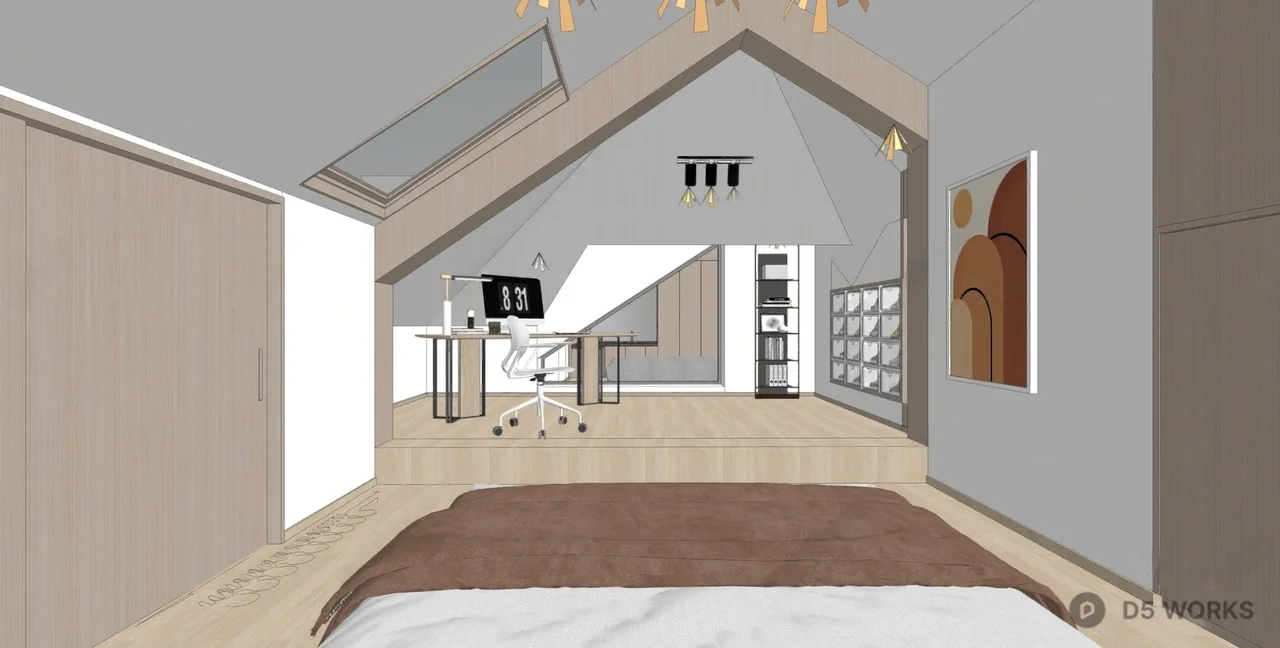 Minimalist Attic Bedroom With Study Nook 3d model thumbnail 2