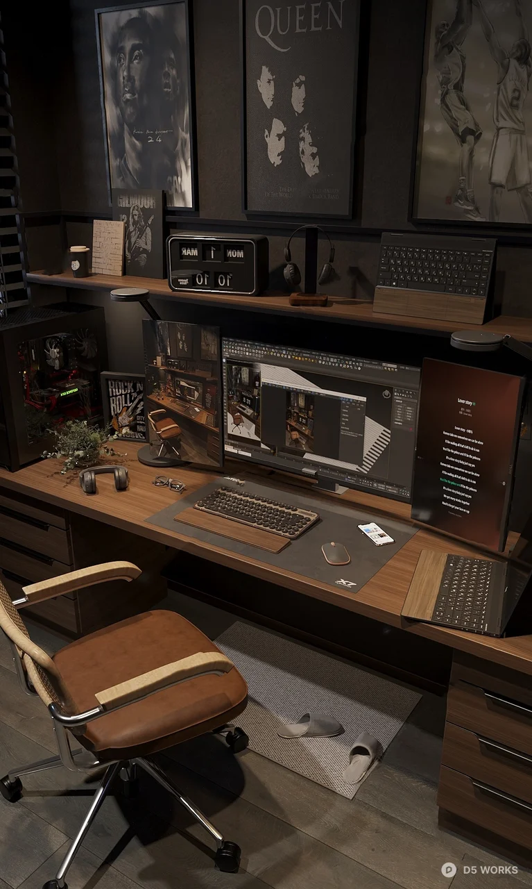 Modern Minimalist Study Room With Wooden Desk And Leather Chair 3d model - Image 1
