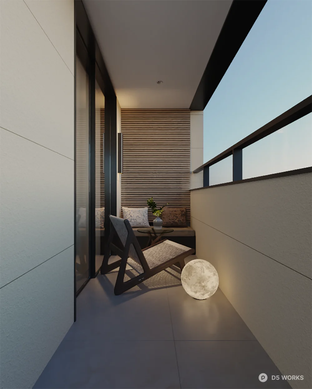 Minimalist Balcony With Lounge Chair And Moon Lamp 3d model - Image 1