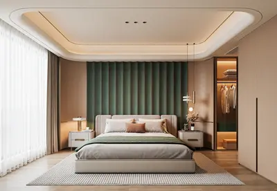 Modern Minimalist Bedroom With Green Curtains 3d model