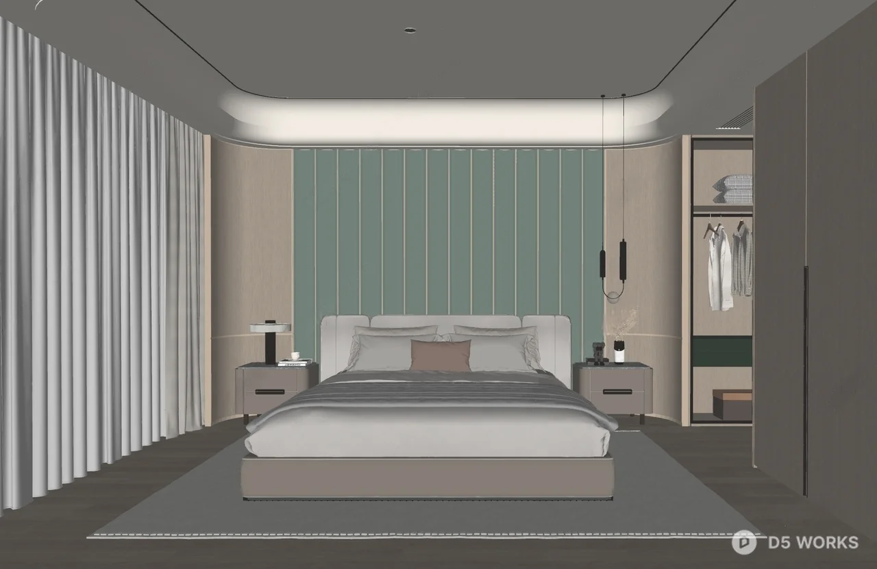 Modern Minimalist Bedroom With Green Curtains 3d model thumbnail 2