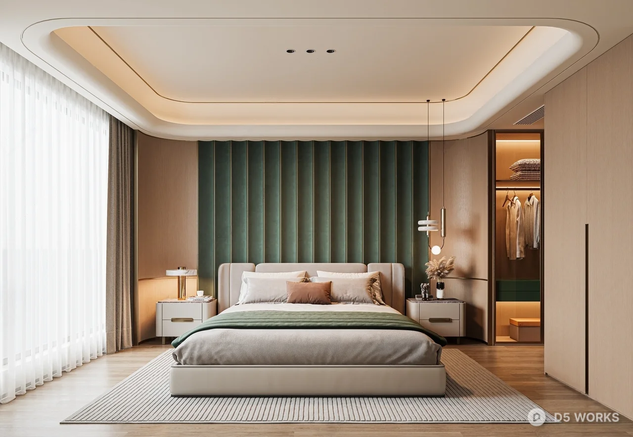 Modern Minimalist Bedroom With Green Curtains 3d model - Image 1