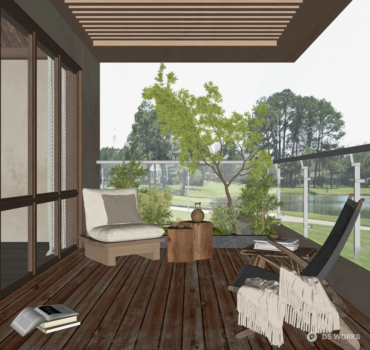 Minimalist Wooden Deck Balcony with Greenery View 3d model thumbnail 2