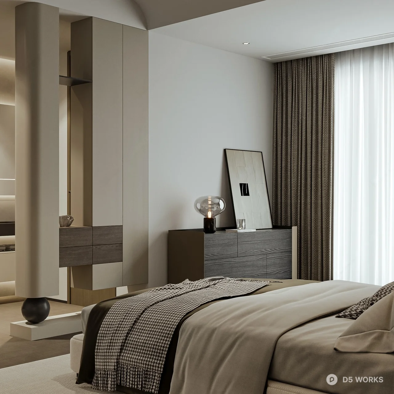 Modern Minimalist Bedroom with Textured Headboard 3d model thumbnail 2