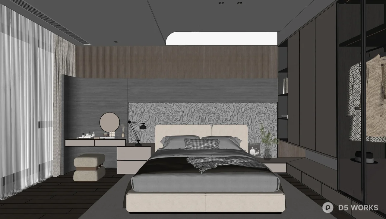 Modern Minimalist Bedroom with Textured Headboard 3d model thumbnail 3