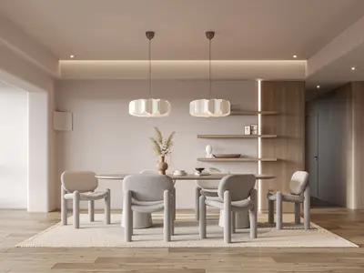 Minimalist Dining Room With Integrated Shelving And Pendant Lighting 3d model