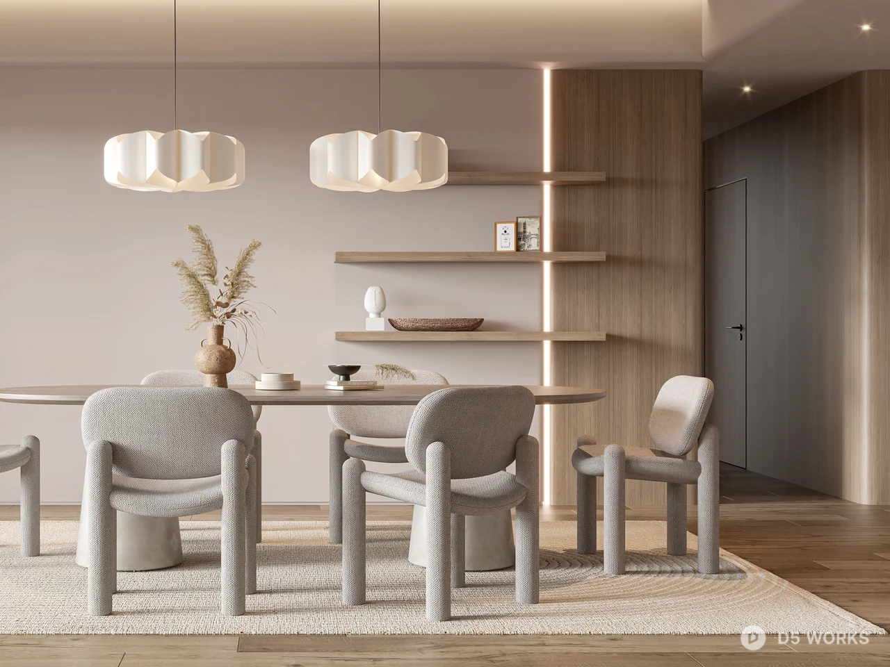 Minimalist Dining Room With Integrated Shelving And Pendant Lighting 3d model thumbnail 2