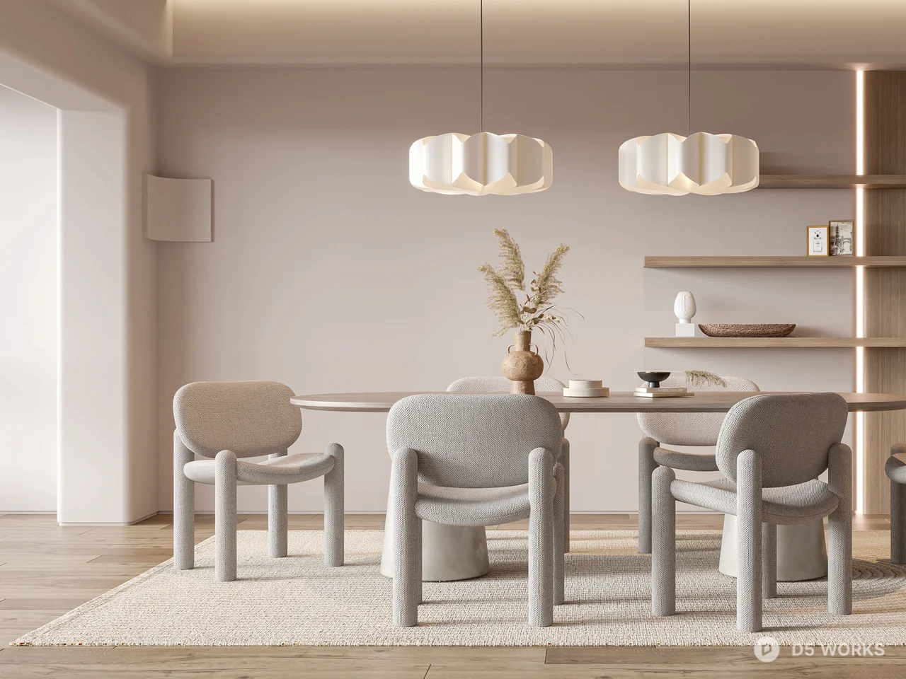 Minimalist Dining Room With Integrated Shelving And Pendant Lighting 3d model thumbnail 3