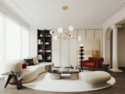 Mid Century Modern Living Room with Curved Sofa and Statement Chandelier 3d model
