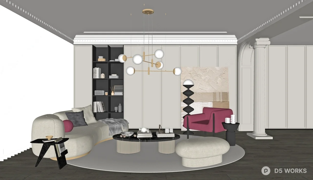 Mid Century Modern Living Room with Curved Sofa and Statement Chandelier 3d model thumbnail 2
