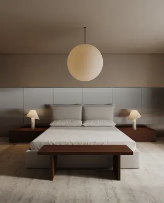 Minimalist Bedroom with Spherical Pendant Light 3d model