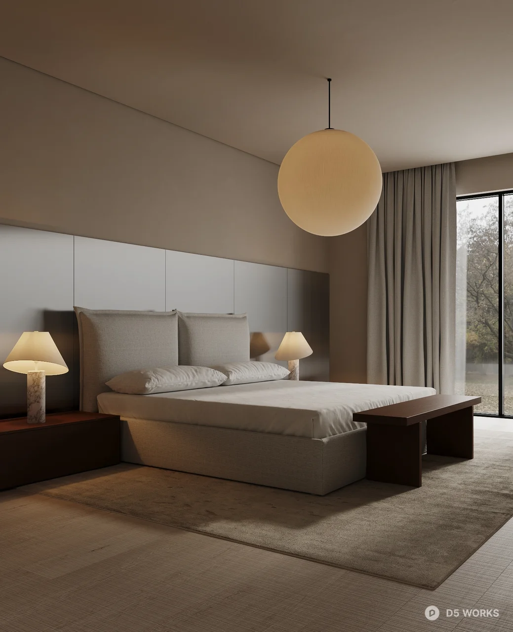 Minimalist Bedroom with Spherical Pendant Light 3d model thumbnail 2