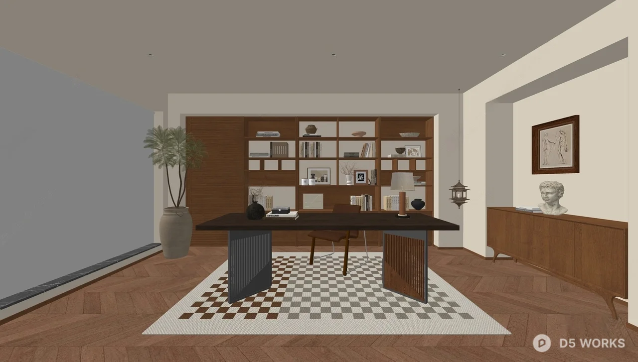 Modern Wooden Study Room With Bookshelf And Rug 3d model thumbnail 2
