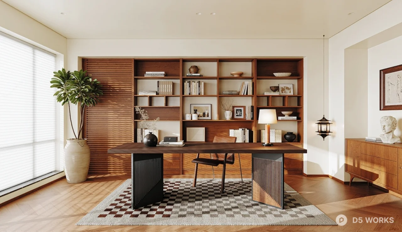 Modern Wooden Study Room With Bookshelf And Rug 3d model - Image 1