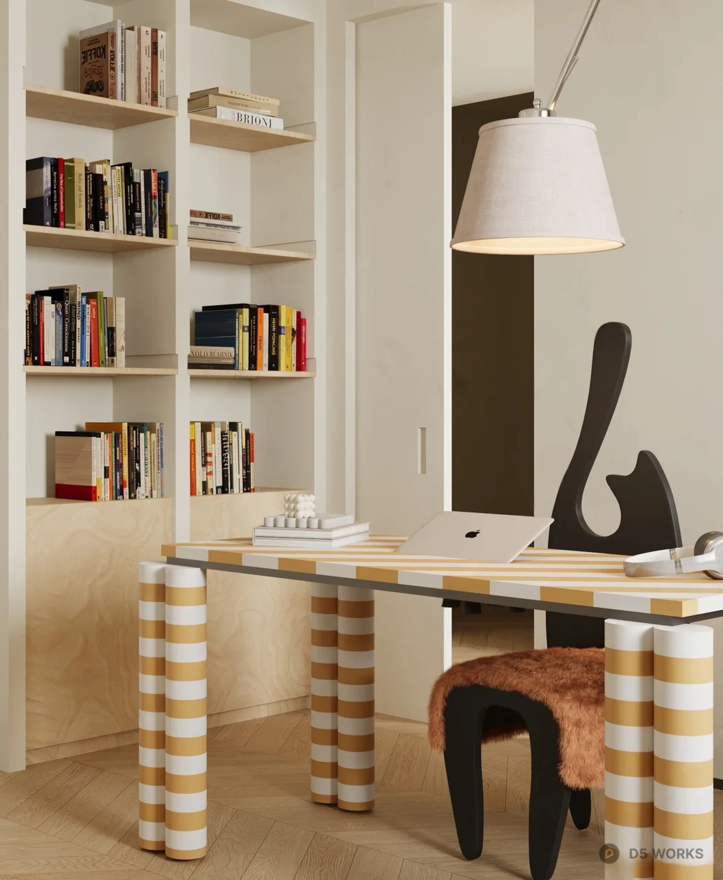 Minimalist Study Room With Striped Furniture And Bookshelf 3d model - Image 1