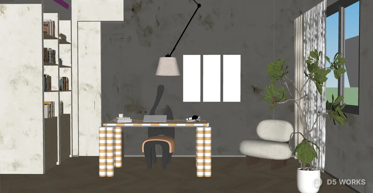 Minimalist Study Room With Striped Furniture And Bookshelf 3d model thumbnail 3
