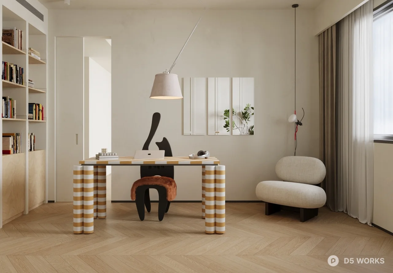 Minimalist Study Room With Striped Furniture And Bookshelf 3d model thumbnail 2