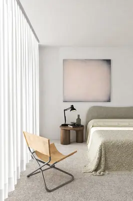 Minimalist Modern Bedroom with Wooden Chair 3d model