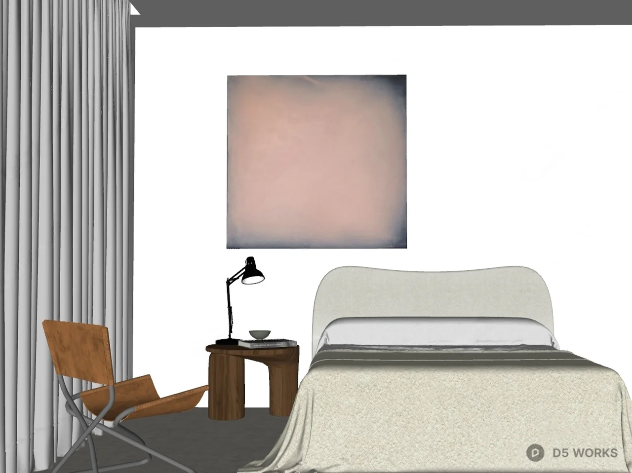 Minimalist Modern Bedroom with Wooden Chair 3d model thumbnail 2