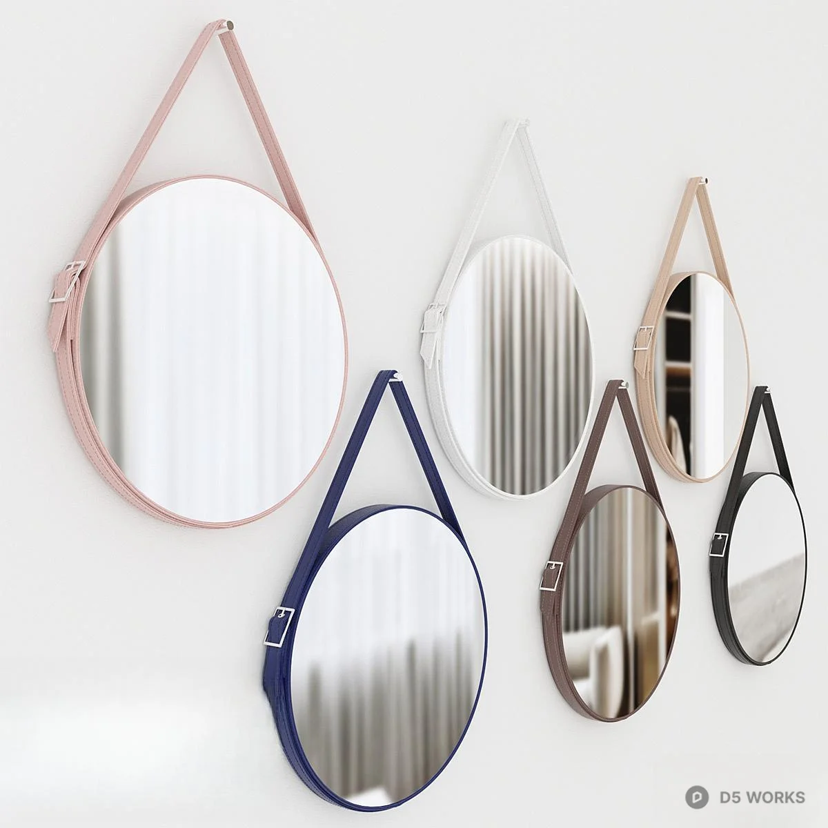 Hanging Round Mirror With Leather Strap 3d model - Image 1