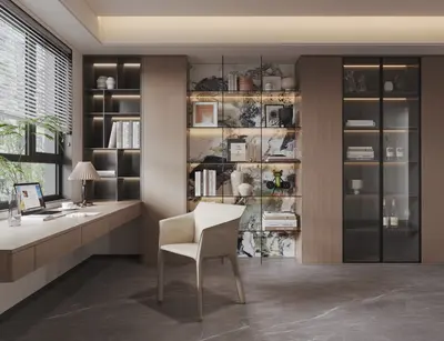 Modern Minimalist Study Room With Integrated Bookshelf And Desk 3d model