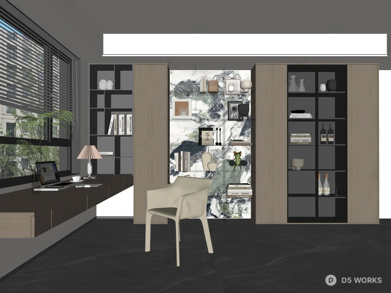 Modern Minimalist Study Room With Integrated Bookshelf And Desk 3d model thumbnail 2