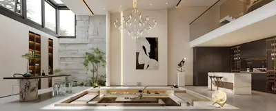 Modern Villa Living Room with Chandelier and Stone Wall 3d model