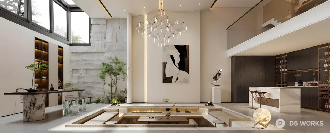 Modern Villa Living Room with Chandelier and Stone Wall 3d model - Image 1