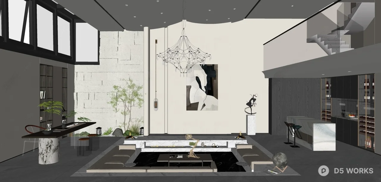 Modern Villa Living Room with Chandelier and Stone Wall 3d model thumbnail 2