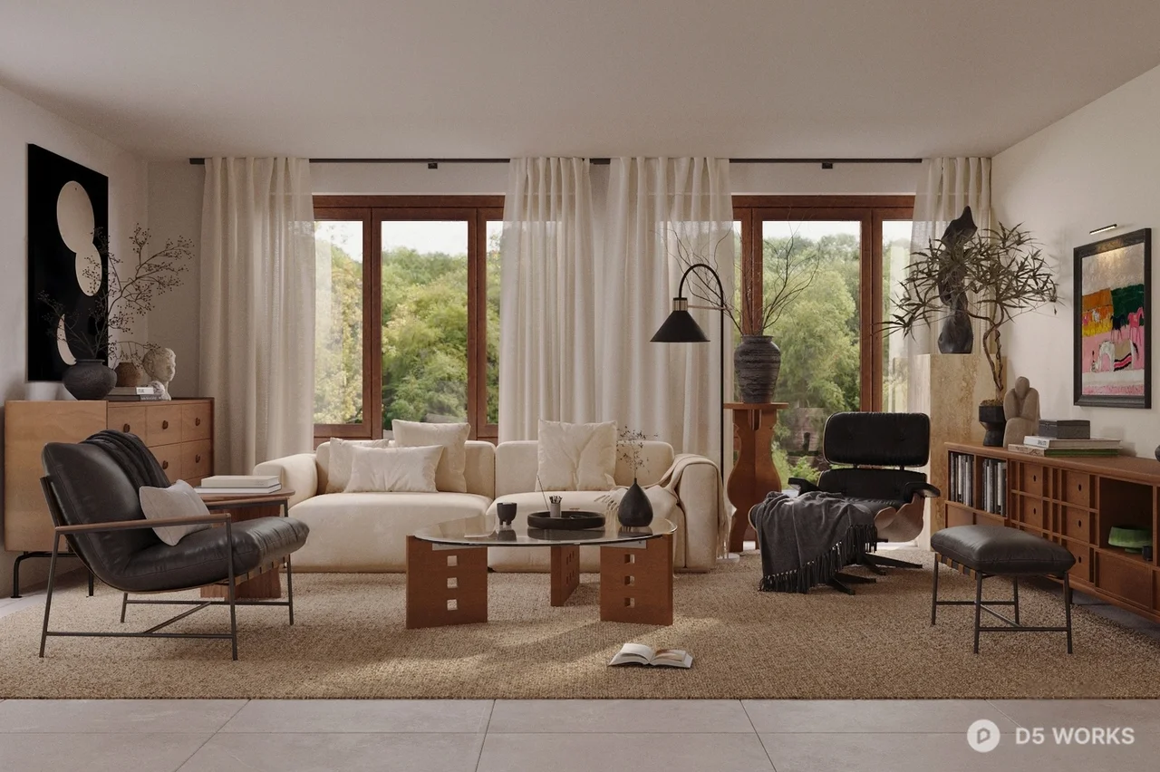 Modern Living Room with Neutral Tones and Natural Light 3d model - Image 1