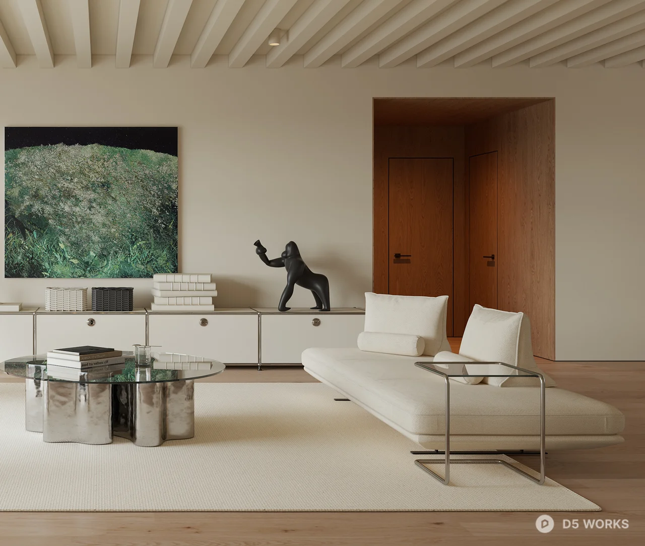 Minimalist Living Room With Slatted Ceiling And Modern Furniture 3d model thumbnail 3