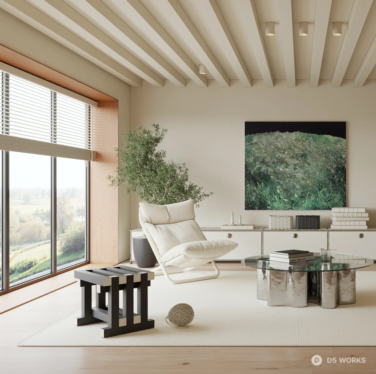 Minimalist Living Room With Slatted Ceiling And Modern Furniture 3d model thumbnail 2