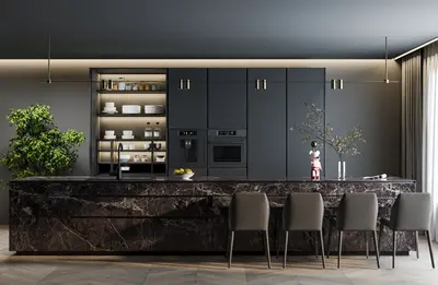 Modern Open Kitchen With Marble Island And Integrated Appliances 3d model